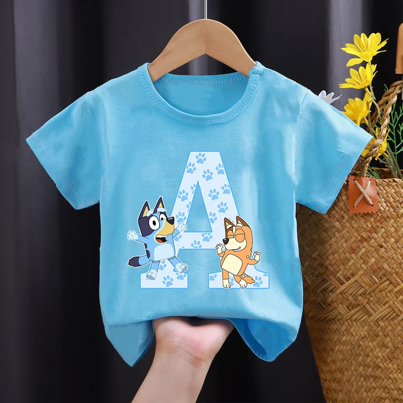 Camiseta Blueys Bingo para niños y niñas, ropa con letras A-Z, ropa para niños, manga corta, regalos de cumpleaños bonitos de verano