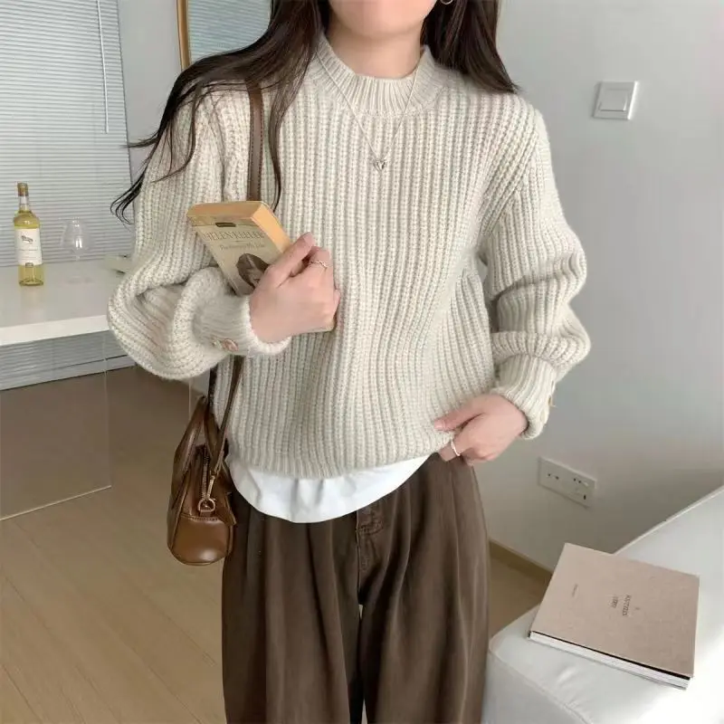 

Korejpaa Sweaters Pullover Korean Fashion Round Neck Warm Autumn Winter Clothes Female Gentle Solid Simple Casual Pull Femme