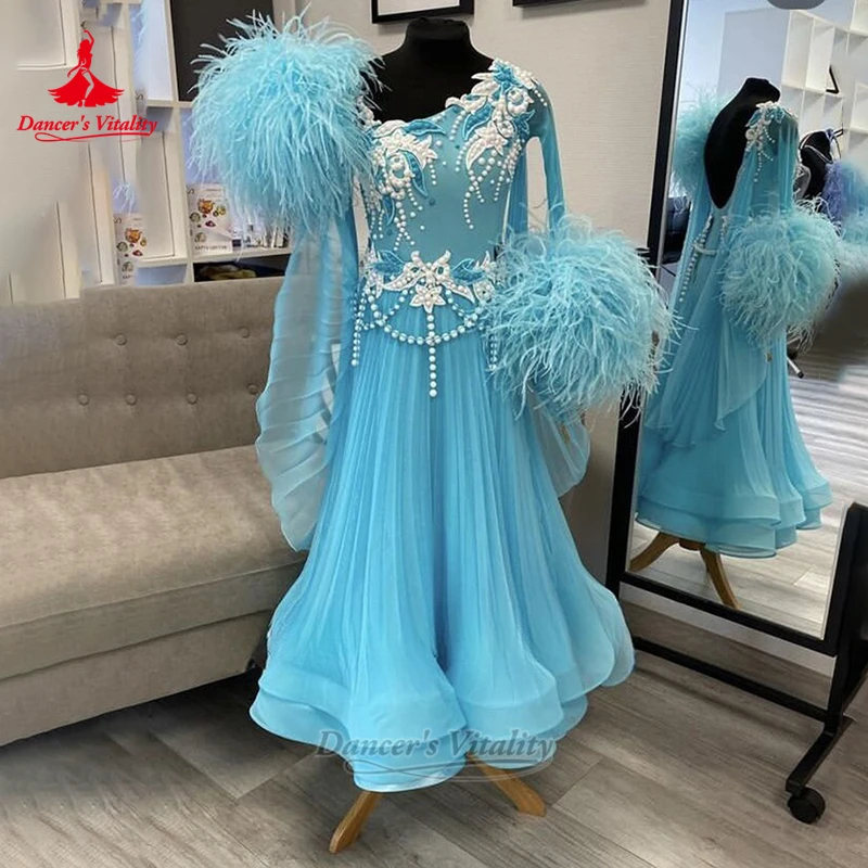 Children&Adolescents Ballroom Dance Feather Style Pleated Big Swing Dresses Custom Adult Waltz Contest Clothes Dancer's Vitality