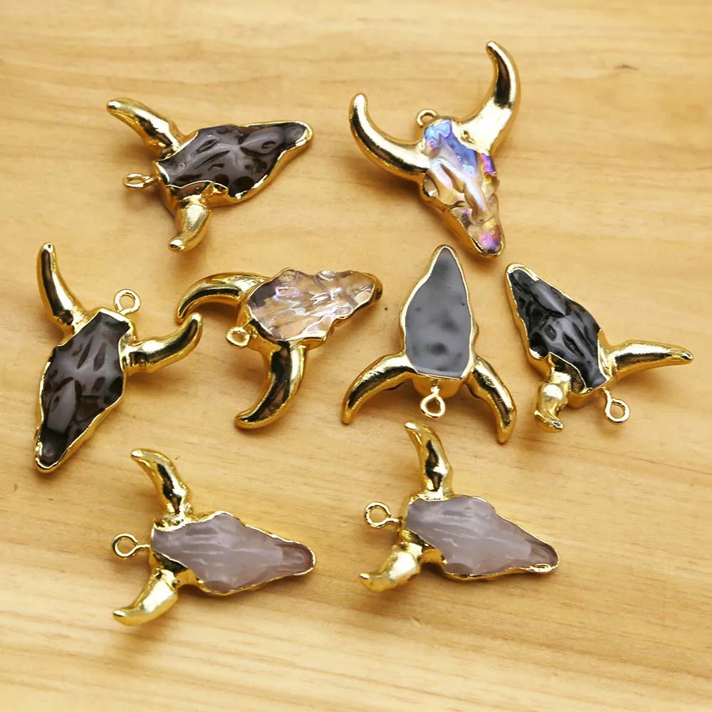 Natural Semi Precious Stone Multicolour Bull Head Acrylic Resin Pendants Necklace Charms Jewelry Accessories Gift Wholesale 8Pcs