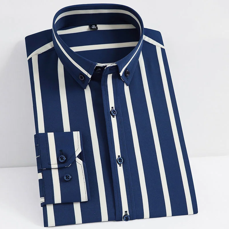 2024 New Spring and Autumn Fashion Trend Korean Edition Slim Fit Flip Collar Stripe Casual Business Long Sleeved Shirt for Men