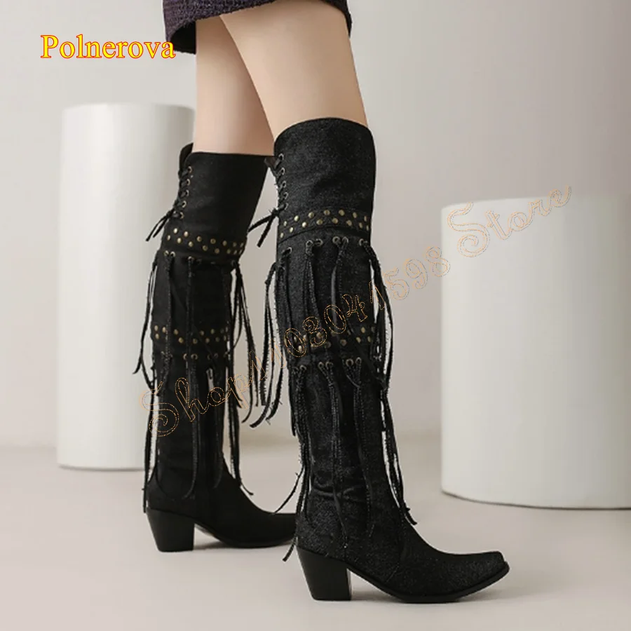 Fringed Leather Canvas Heeled Boots,Round Toe Chunky Heel Over The Knee Boots Zipper Women Boots2024 New Zapatos Para Mujere