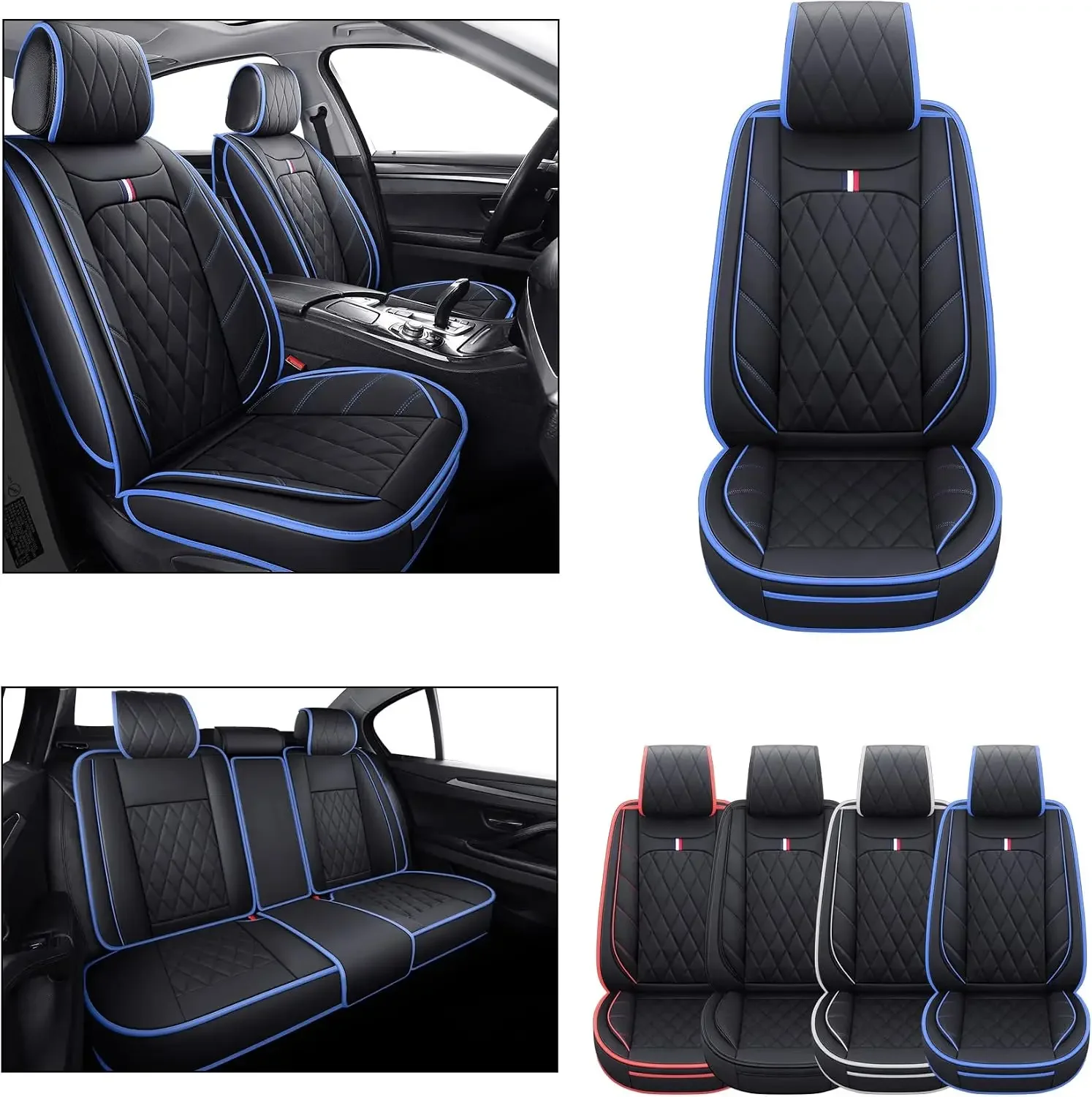 Car Seat Covers Full Set Waterproof Leather, Black-Blue | Compatible with Toyota Corolla Prius Camry Rav4 Mdx Chevy Blazer