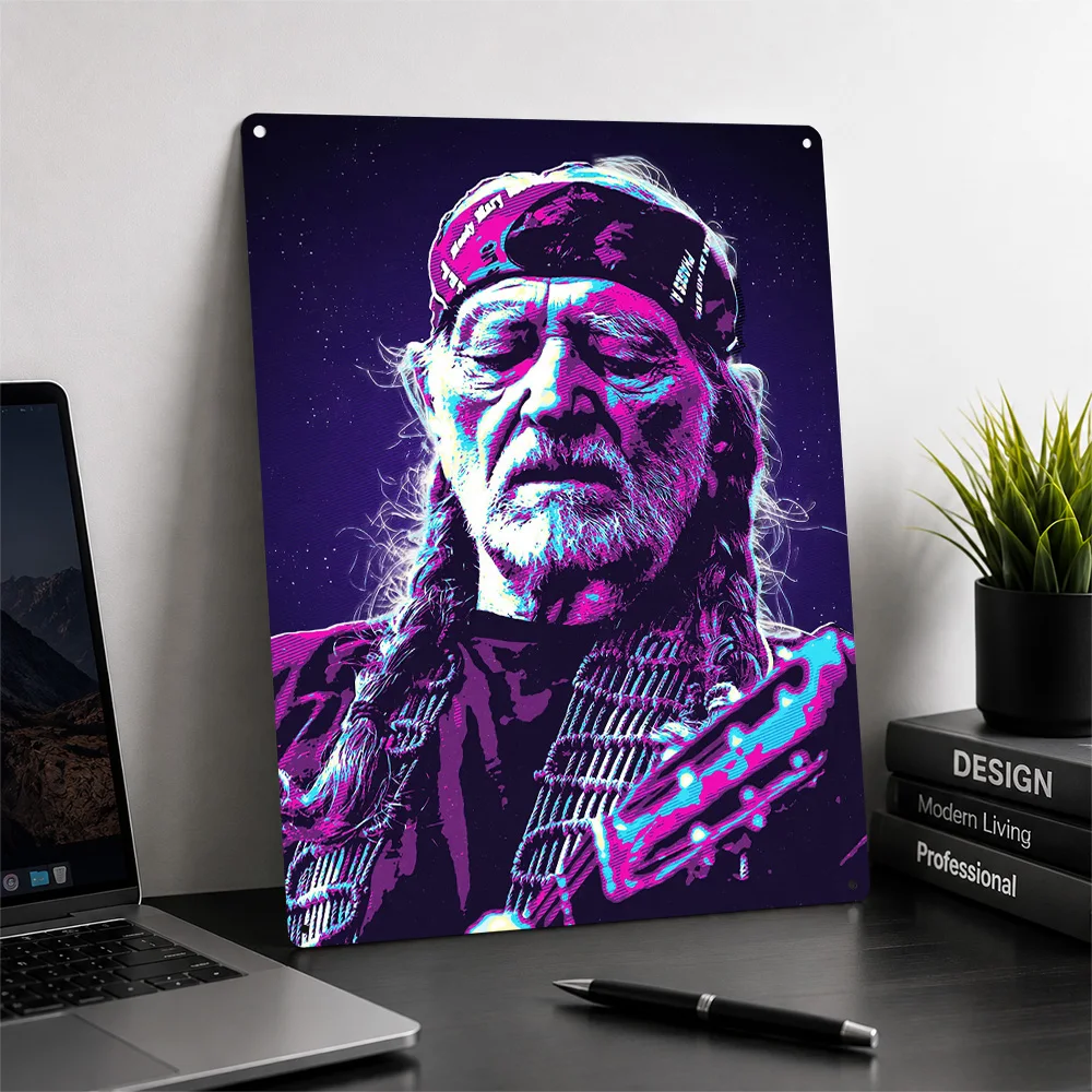 Willie Nelson Portrait With Guitar Personalized 3D Textured Metal Poster Wall Art Vintage Tin Signs for Living Room Decoration