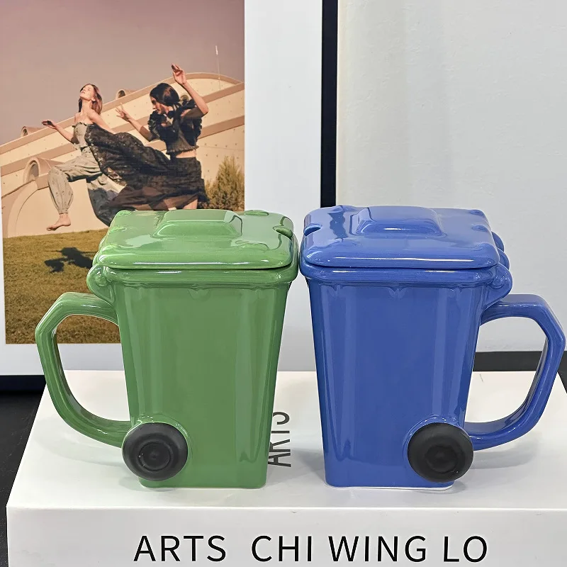 Creative Ceramic 3D Recycling Bin Mug Shape Garbage Trash Can Coffee Cup Trash Can Modeling Cup Personality Funny Ceramic Cups view 2