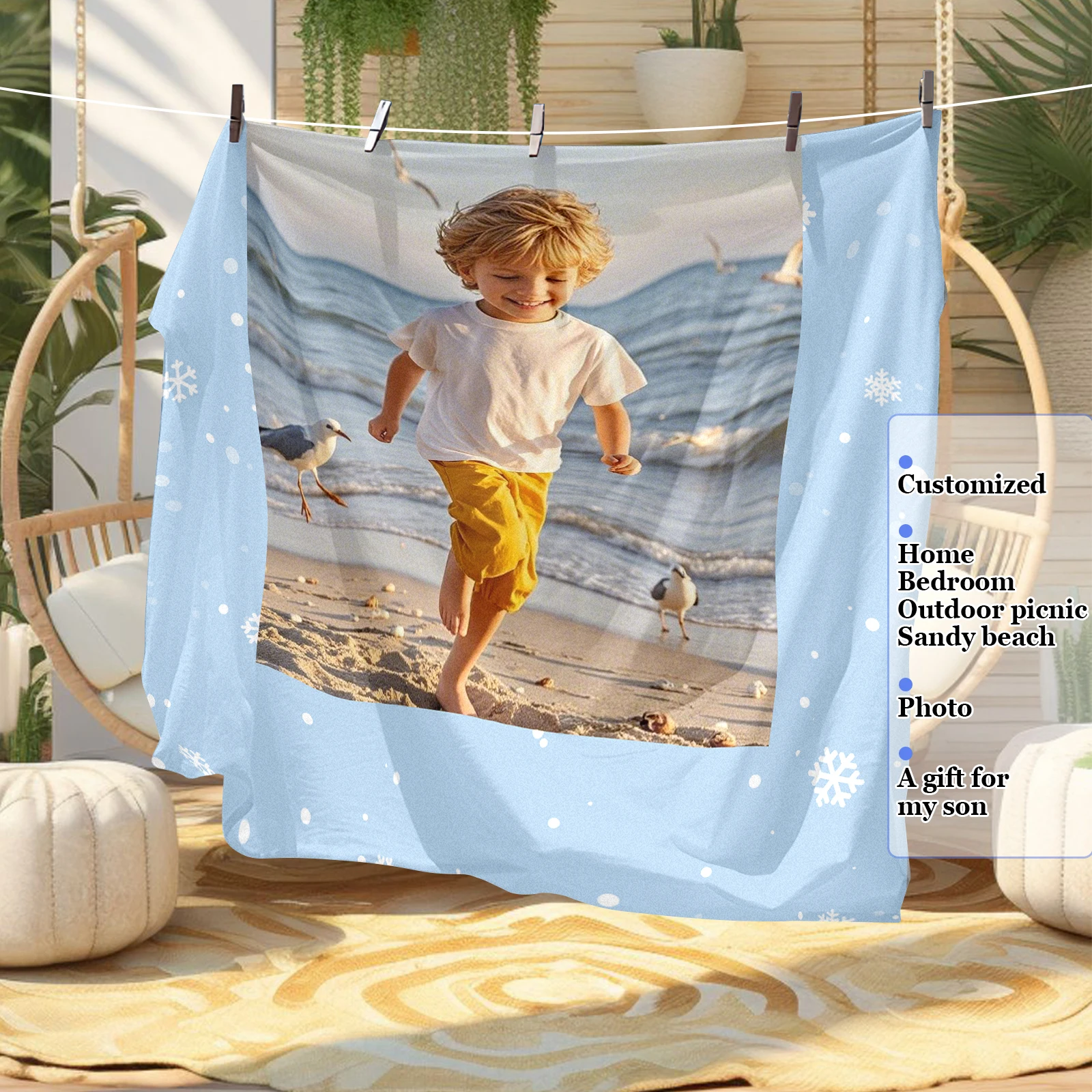 Personalized Blanket Record Your Child's Innocent Smile While Playing In the Water At The Beach Sofa Bedroom Beach Available