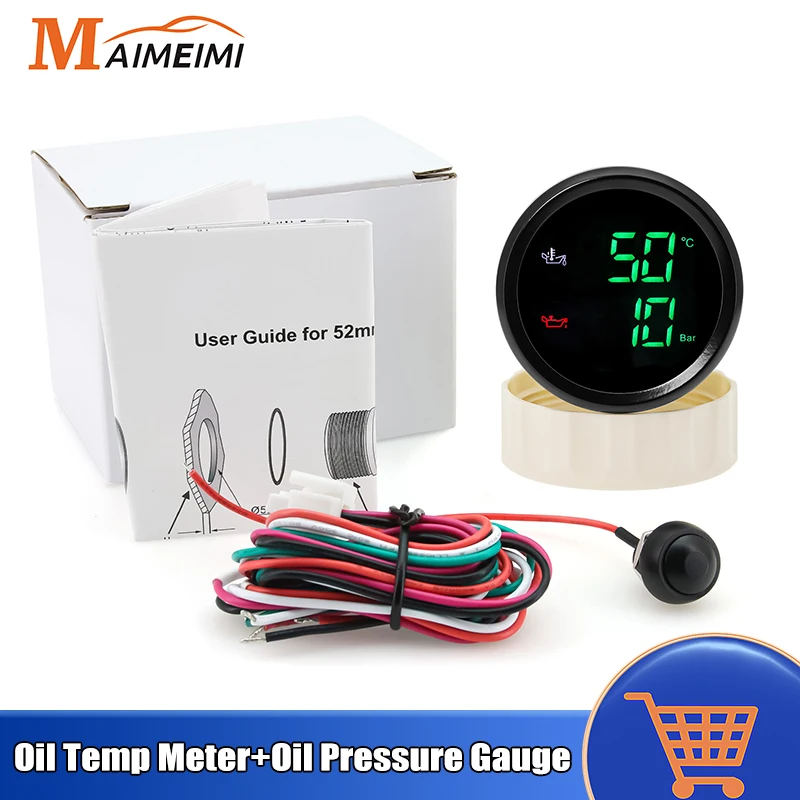 

2" 52mm 2 IN 1 50~150 Celsius Oil Temperature Meter+Oil Pressure Gauge 0-10 Bar with Alarm for Boat Auto Car 12V 24V Customized