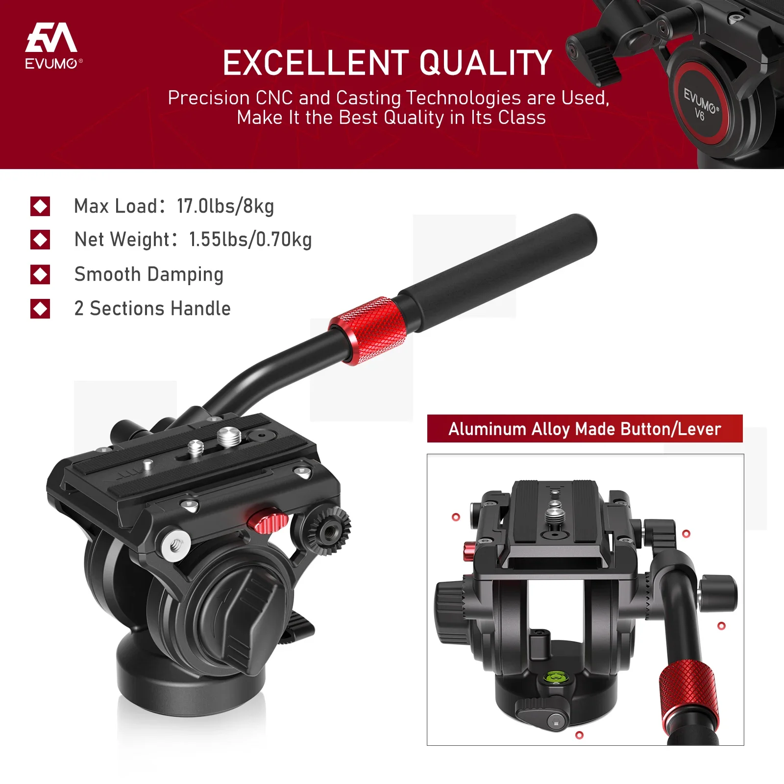 EVUMO V6 Tripod Head Hydraulic Pan Tilt Video Head Fluid Panoramic Shooting for Camera Tripod Monopod Slider Q.R Plate Load 8kg