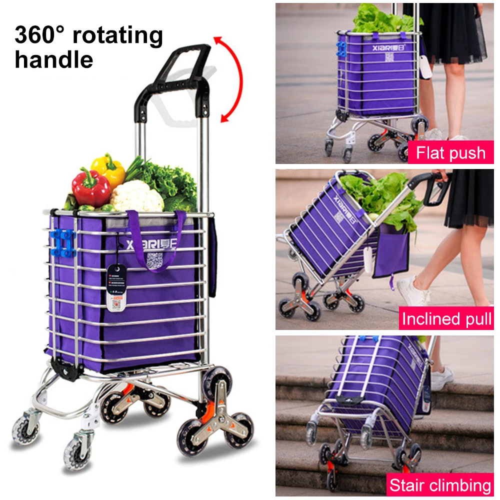 35L Aluminium Portable Supermarket Home Collapsible Folding Grocery Shopping Cart 6 8 Wheels Stair Climbing Handcart