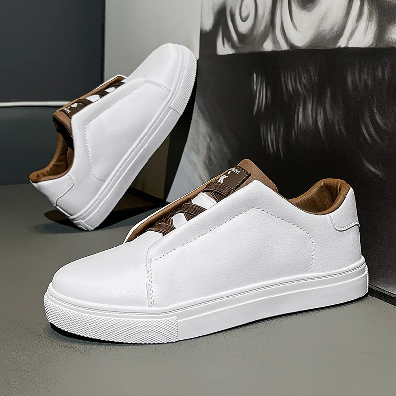 

Original White Urban Man Sneakers Fashion Elastic Comfortable Leather Casual Shoes For Men Trend Flat Non-slip Men's Skate Shoes