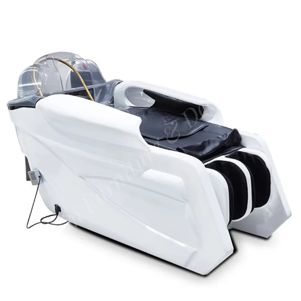 Luxury Barber Salon Furniture Full Auto Hair Salon White Electric Massage Washing Shampoo Chair With Base