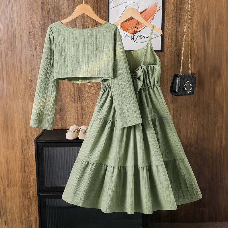 2 piece set 2026 French spring Kids Girl Teens crop top shirt blouse + Princess Strapless slip layered Dresse Cloth 8 10 12 year