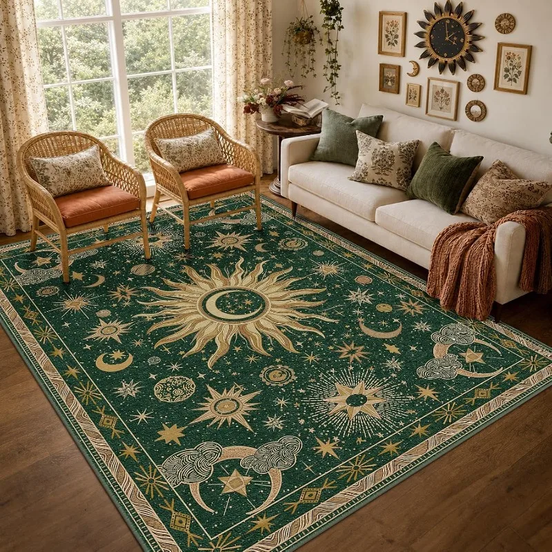 Vintage Celestial Astrology Carpet Sun‑Moon‑Star Constellation Bohemian Printed Floor Carpet Mystic Decor Area Rug for Indoor