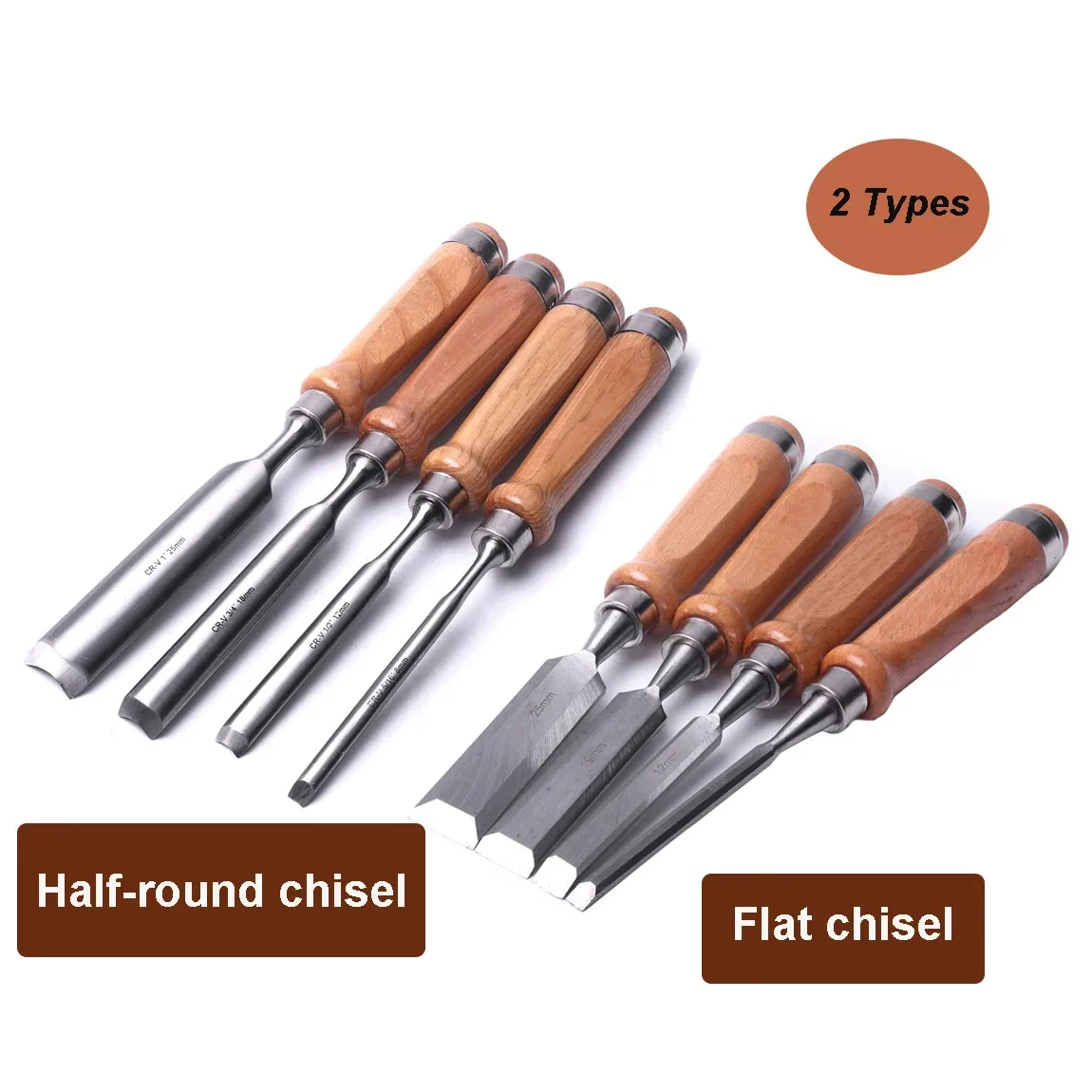 Wood Chisel Set 6pcs Carving Tools Flat Half Round Woodworking Carpentry Kit DIY