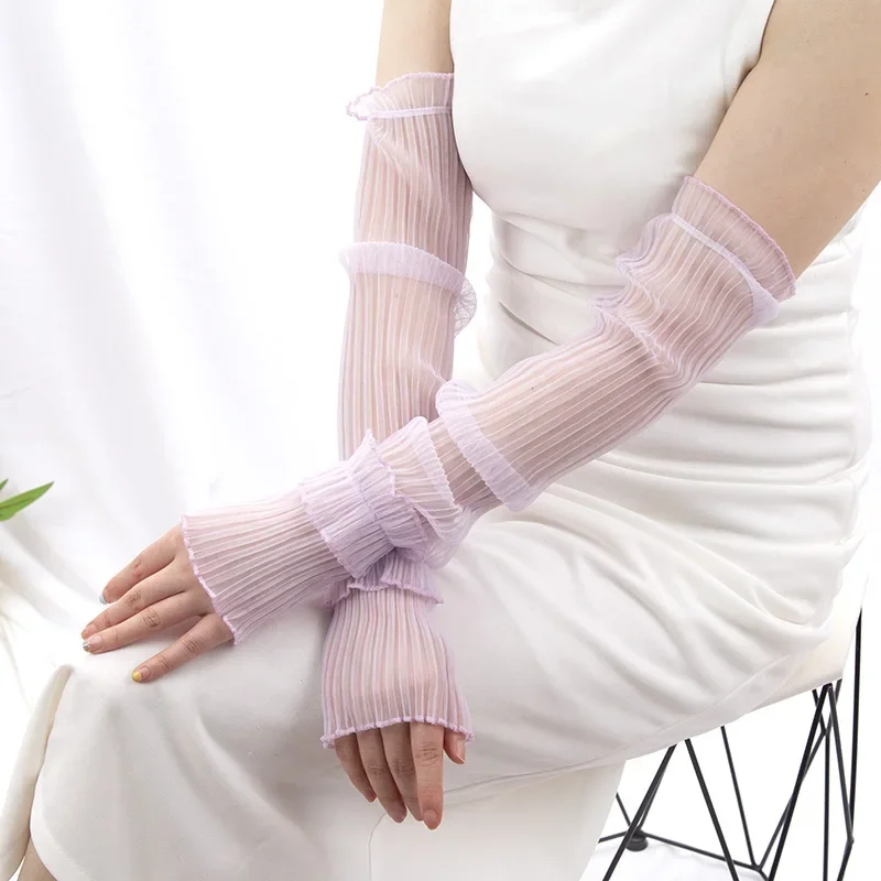 Summer Long Fingerless Gloves Women Outdoor Sun Protection Sleeves Thin Lace Mesh Arm Sleeve Sunscreen Uv Driving Mittens