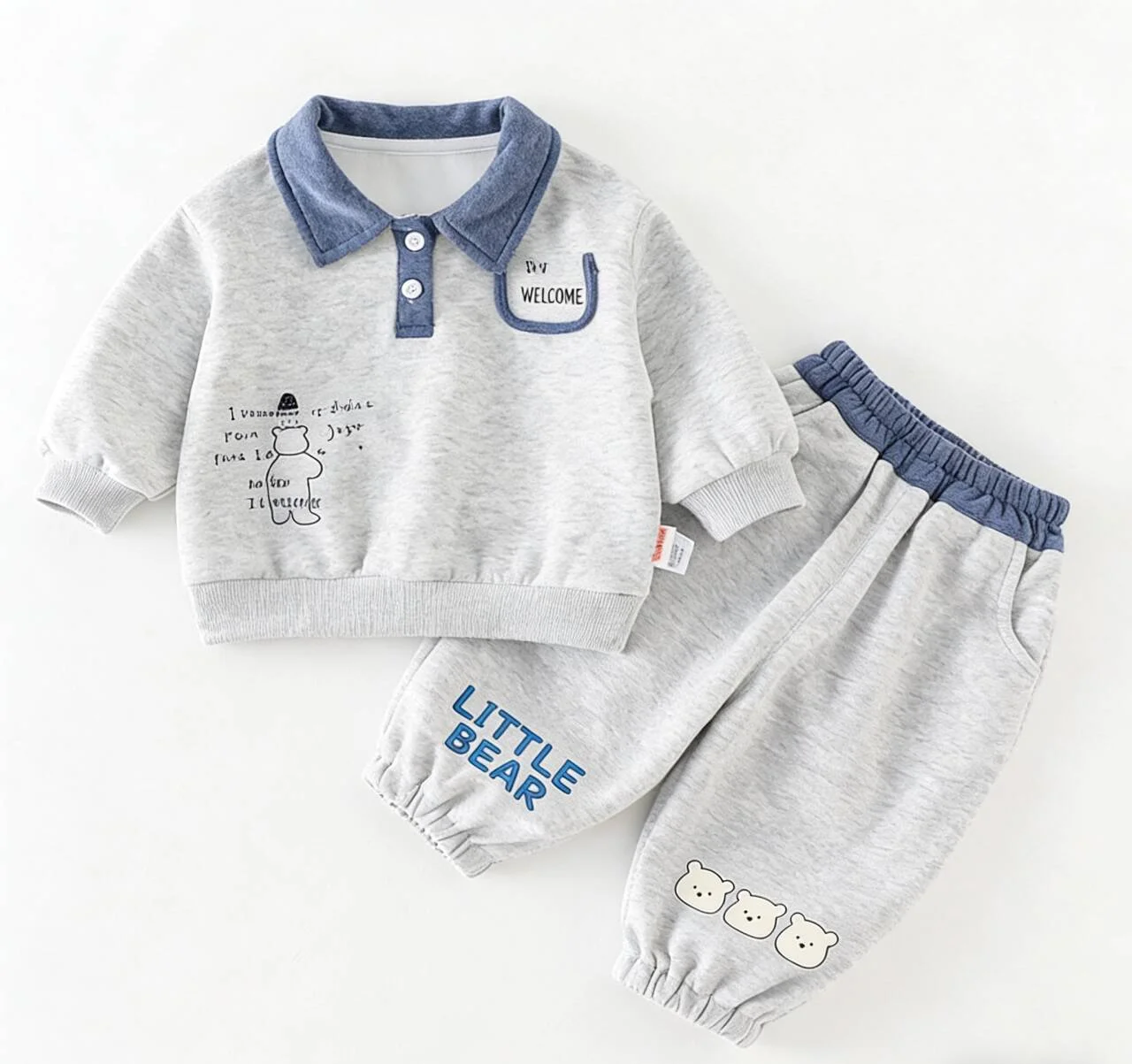 Toddler Baby Boys 2Pcs Tracksuit Cartoon Little Bear Print Contrast Collar Sweatshirt Elastic Cuff Jogger Pants Outfit