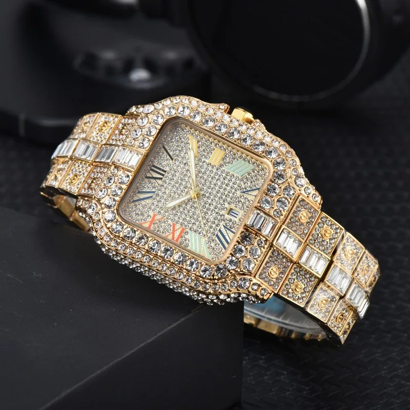 2025 ساعة نسائية ماسية كاملة حركة كوارتز سوار فولاذي غير قابل للصدأ فستان كاجوال لامع فاخر مقاوم للماء شحن مجاني