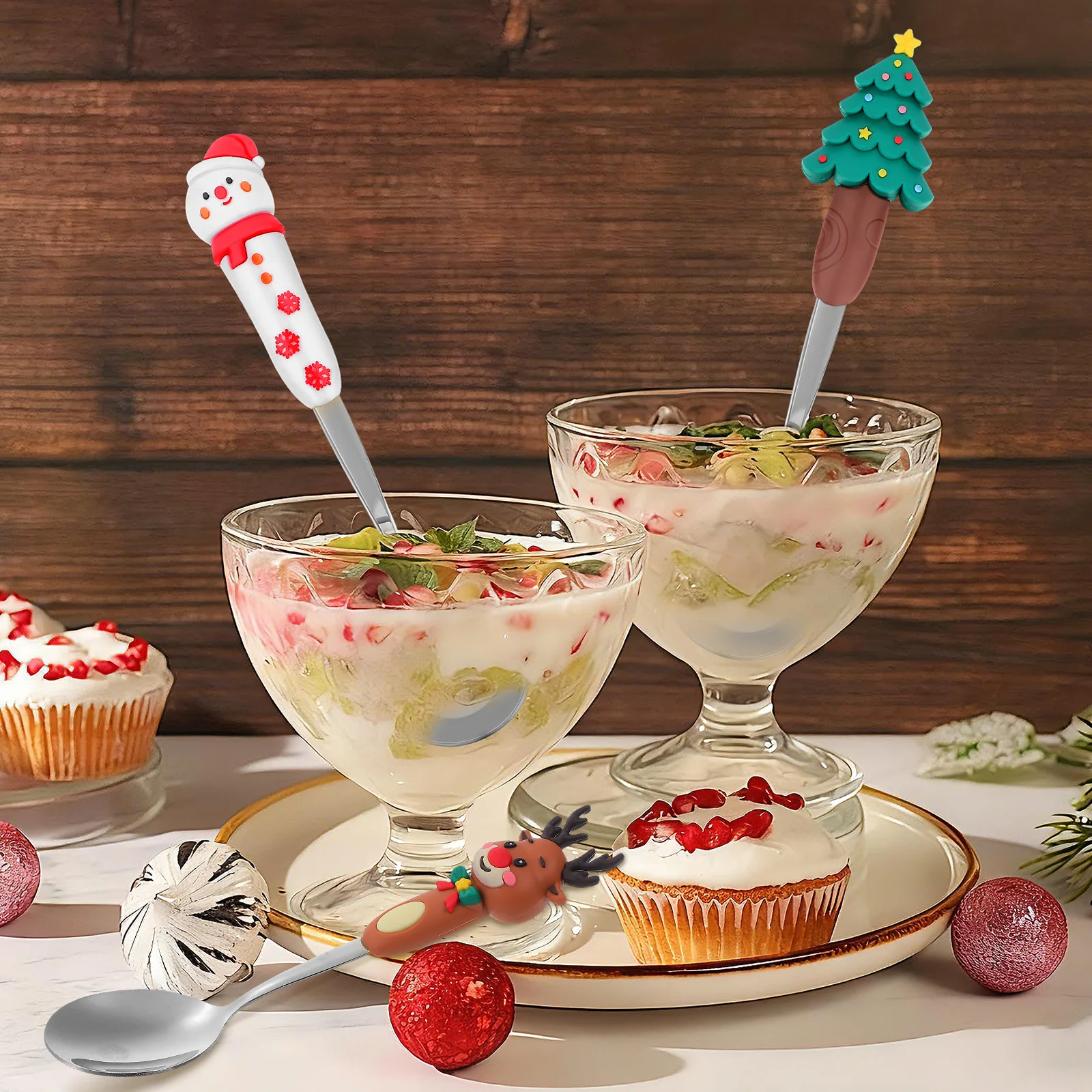 

4Pcs Christmas Cartoon Stainless Steel Dessert Spoons Festive Stirring Spoons for Coffee Tea Long Handle Practical Gift