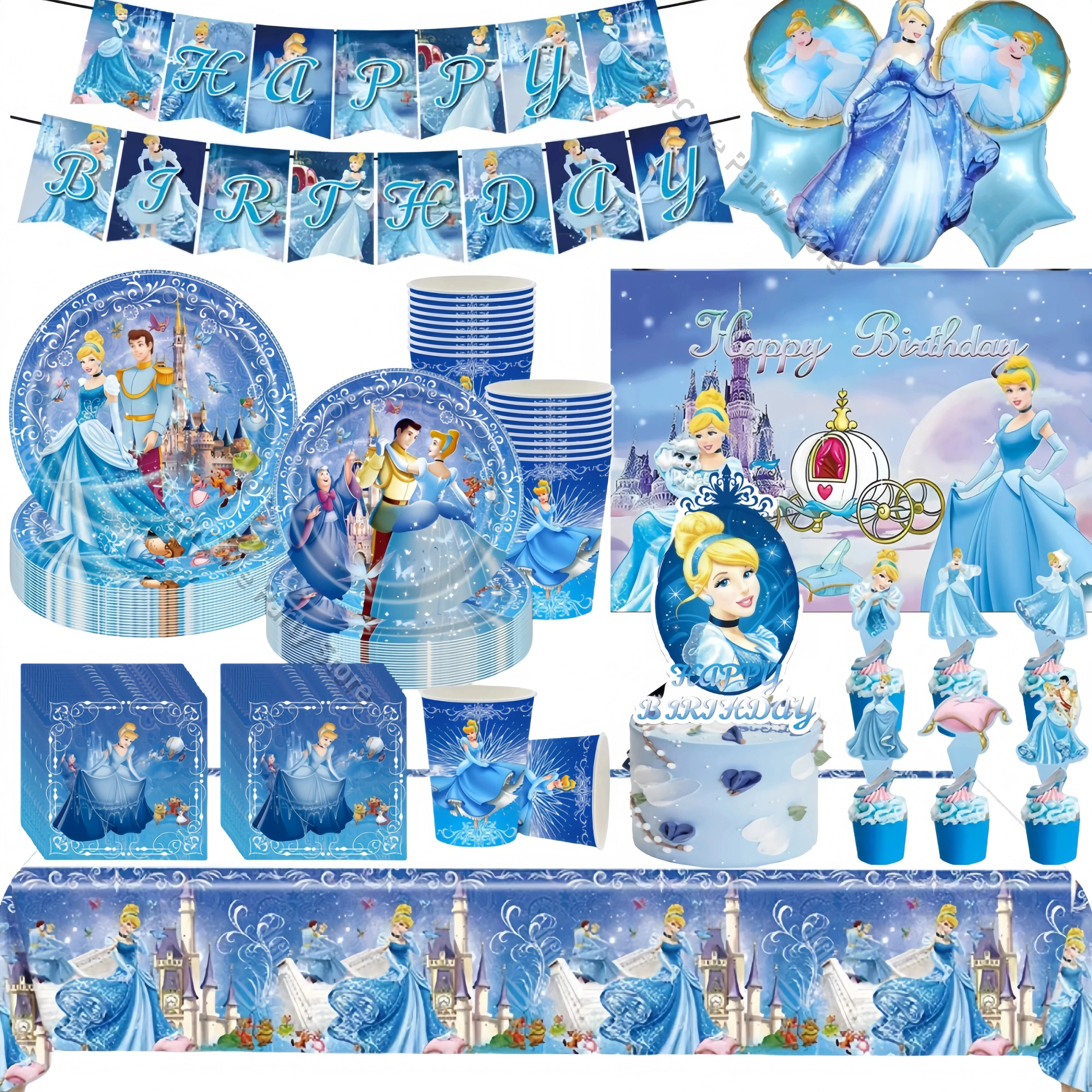 Décoration de fête d'anniversaire Cendrillon, ballons, gobelets, assiettes, bannière pour filles, cadeaux de fête, accessoires photo pour baby shower