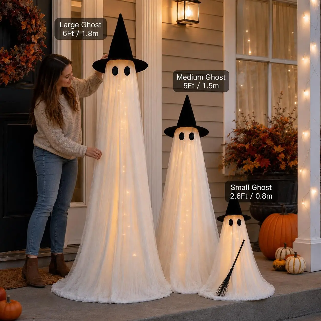 Halloween Decorations Outdoor 3 Pack Lighted Ghost-Family with Timer Remote | 6FT, 5FT & 2.6FT Halloween Ghosts, Upgraded Double