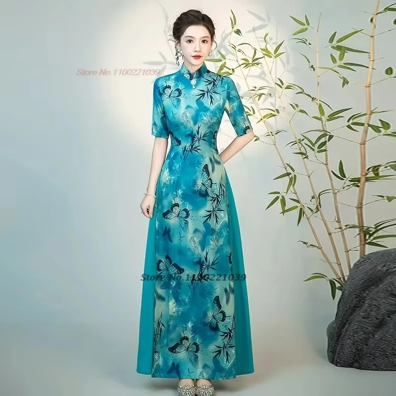 2025 chinese improved qipao dress national flower print vietnam ao dai dress elegant a-line dress oriental banquet evening dress