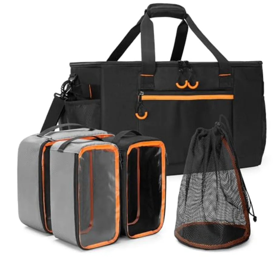 

Camping Gear Organizer, 3 Pcs Camping Packing Cubes and 1 Pcs Mesh Pocket with Carrying Bag for Kitchen Supplies, 5-in-one Tact
