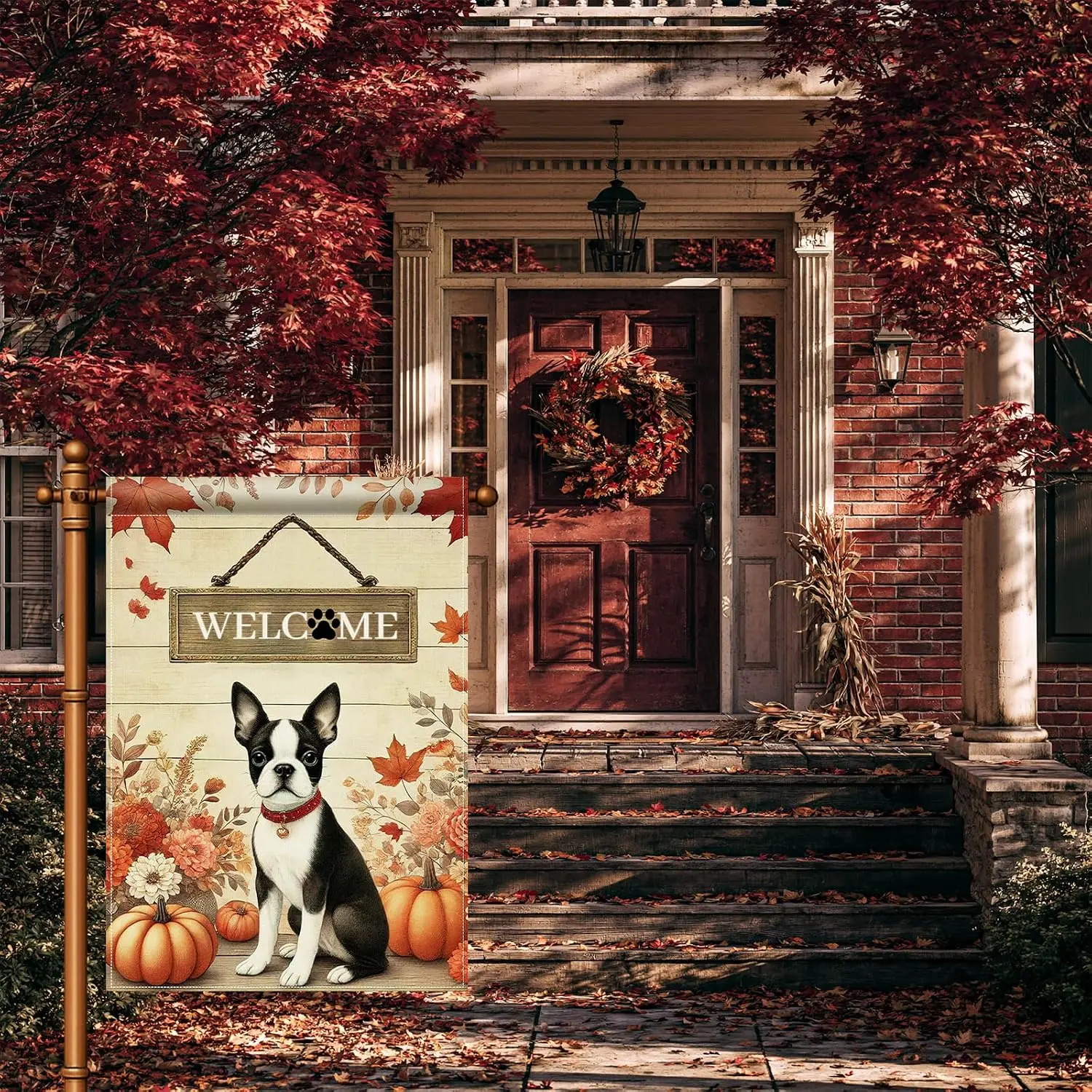 Welcome Fall House Flag 28x40 Inch Boston Terrier Dog Yard Decor