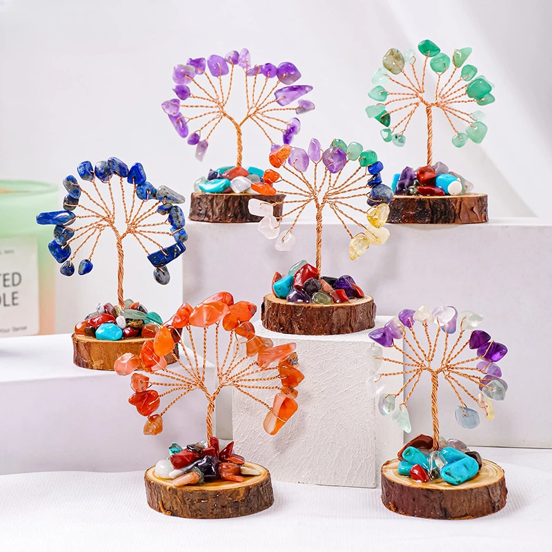 Fio Enrolado Árvore da Vida Ornamento, Cura 7 Chakra, Pedra de Cristal Natural, Lucky Tree, Pequenas Pedras Preciosas Minerais Brutos, Decoração Fengshui