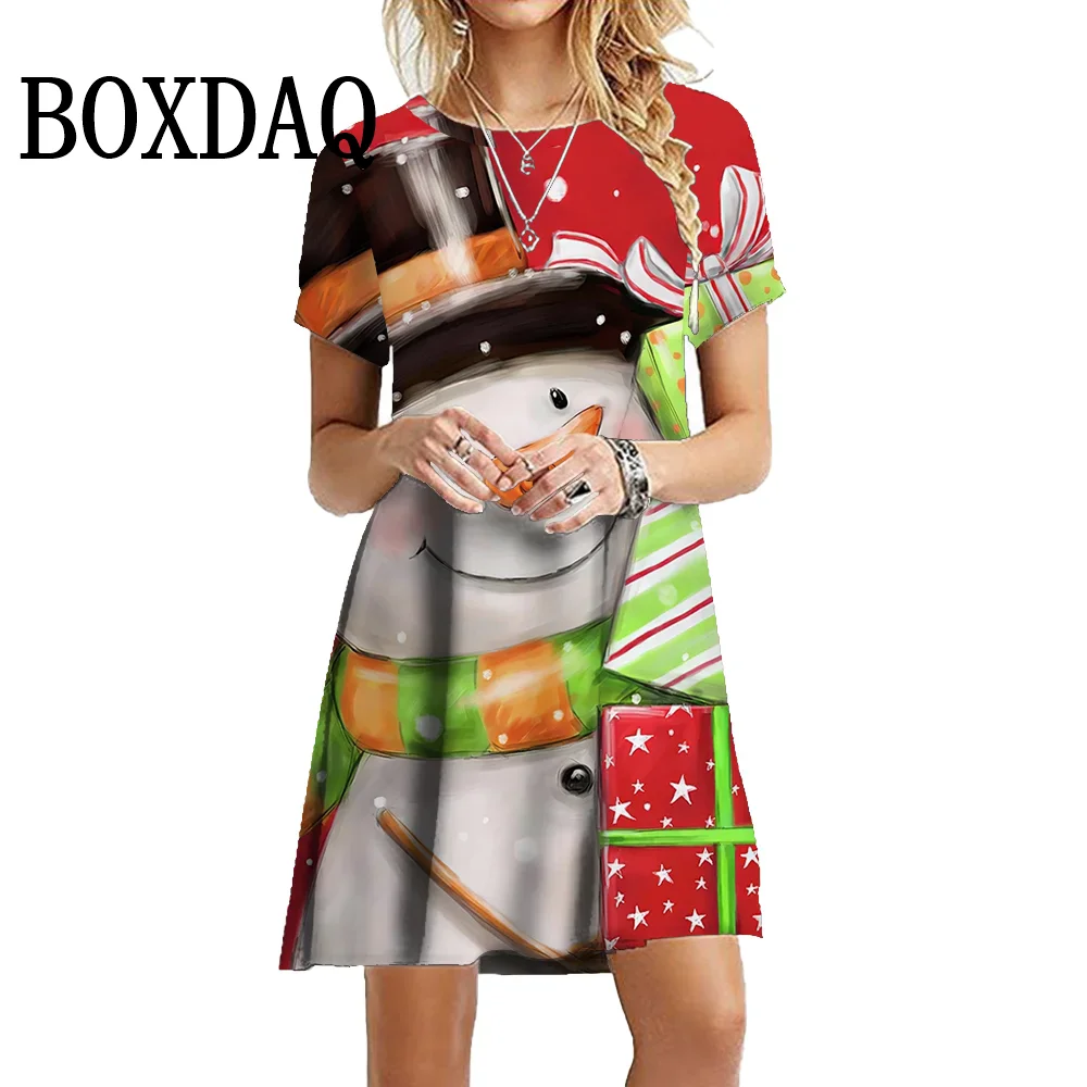 Funny Women Party Christmas Snowman Dress 2024 New Fashion Cute Christmas Style Loose Dress Sweet Casual Short Sleeve Mini Dress