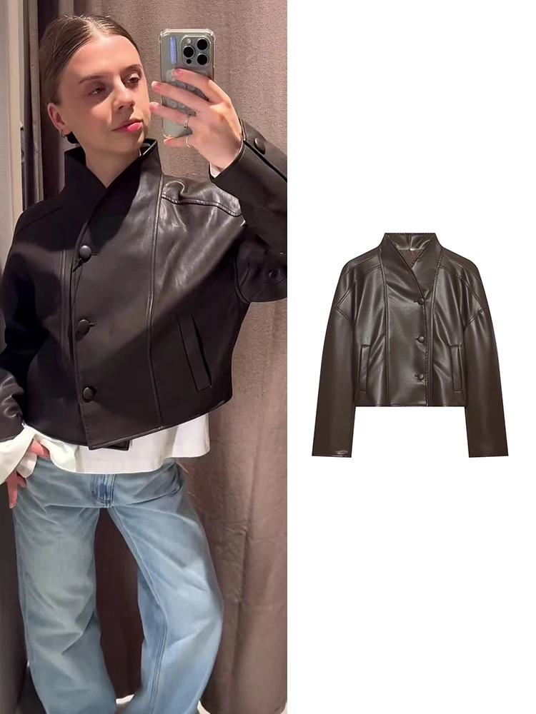 TFMLN  2026 New Women Faux Leather Jacket Single Breasted Fitted Waist Pleated Long Sleeve Solid Color Slim Short PU Jacket