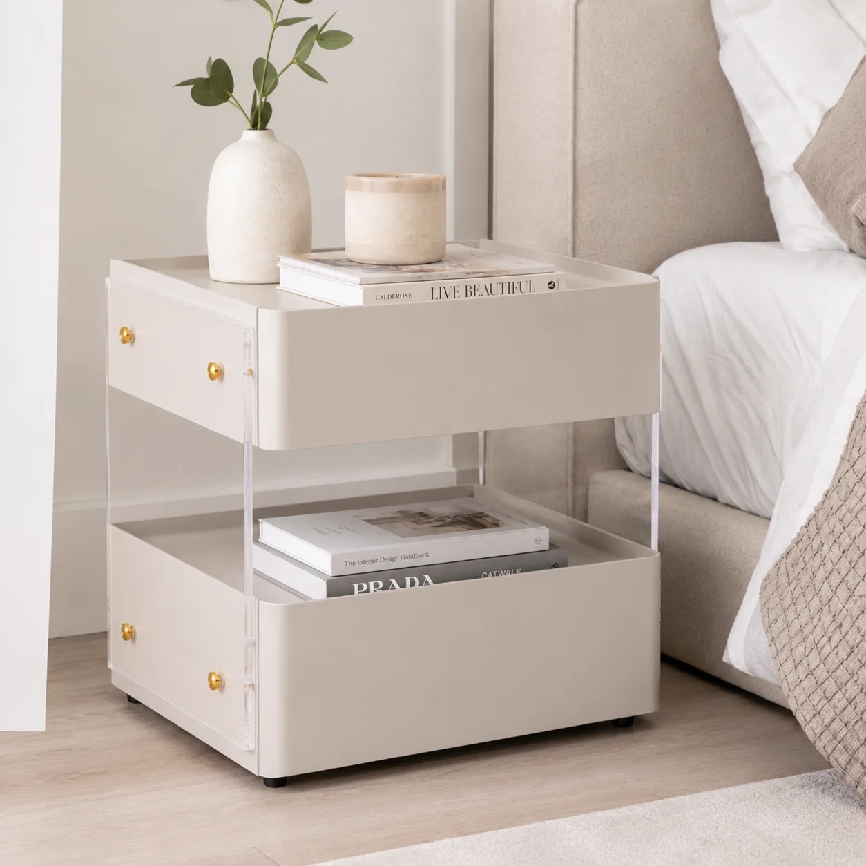 #Modern Ivory White E1 Board Stainless Steel Glass Detail Frame Nightstand Bedside Table Storage Cabinet Bedroom