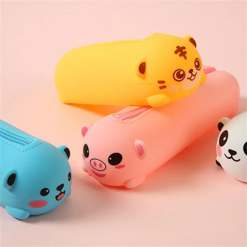 Silicone Pencil Case Cute Bear Panda Tiger Soft Pen Container Creative Ruler Holder Stationery Box Children Gifts Pouch Bag