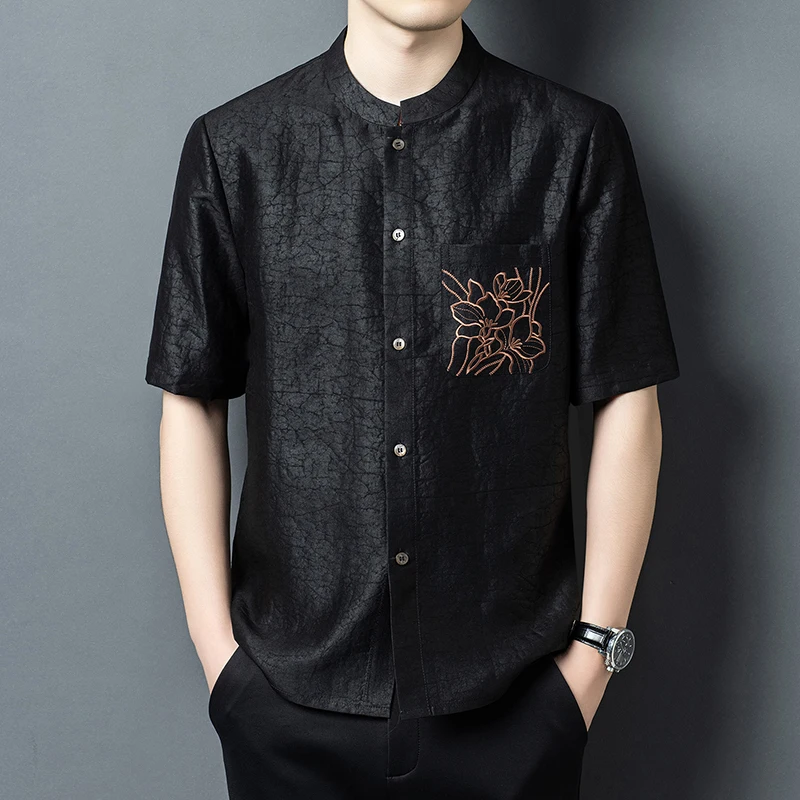 Embroidery Real Silk 100% Shirts For Men Short Sleeve Coolness Summer Top Quality Lightweight Soft Comfortable Camisas De Hombre
