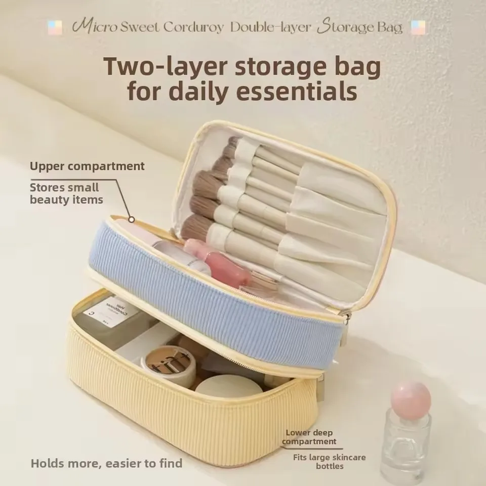 New Flannel Double-Layer Makeup Bag Travel Portable Large Capacity Storage Bag PU Multi-Functional Cosmetic Organizer