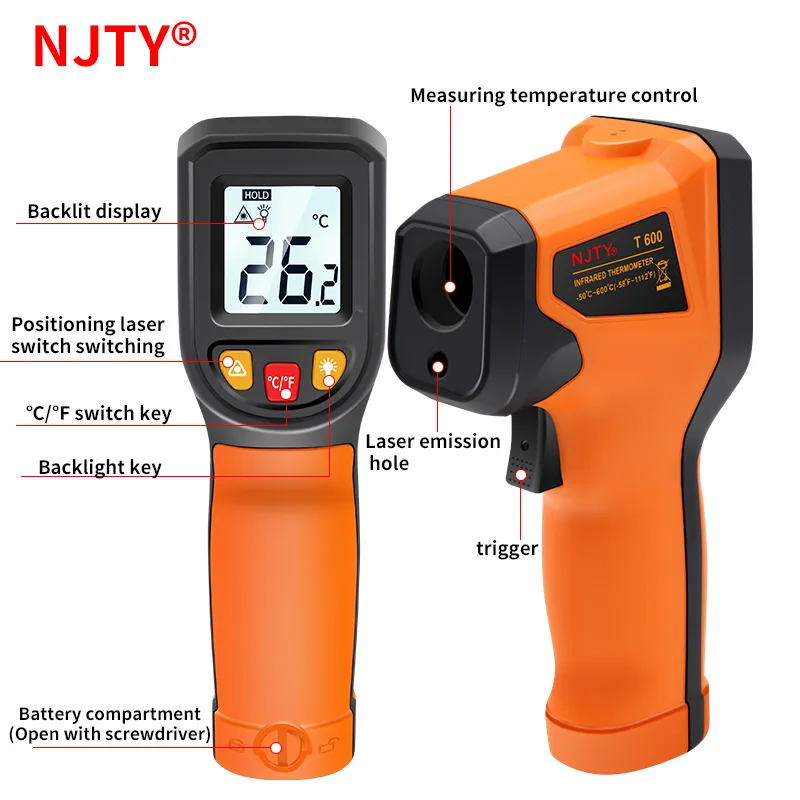 NJTY T600 Digital Infrared Thermometer -50~600℃ Laser Termometro Pyrometer Gun Non-Contact Laser Temperature Meter Gauge Tools