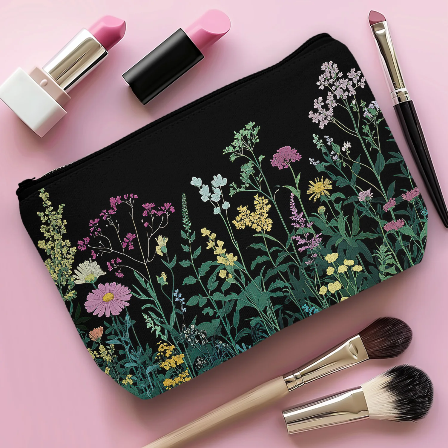 1Pc Special Floral Cosmetic Bag Black Background Bohemian Style Unique Plant Aesthetic Art Portable Cosmetic Bag