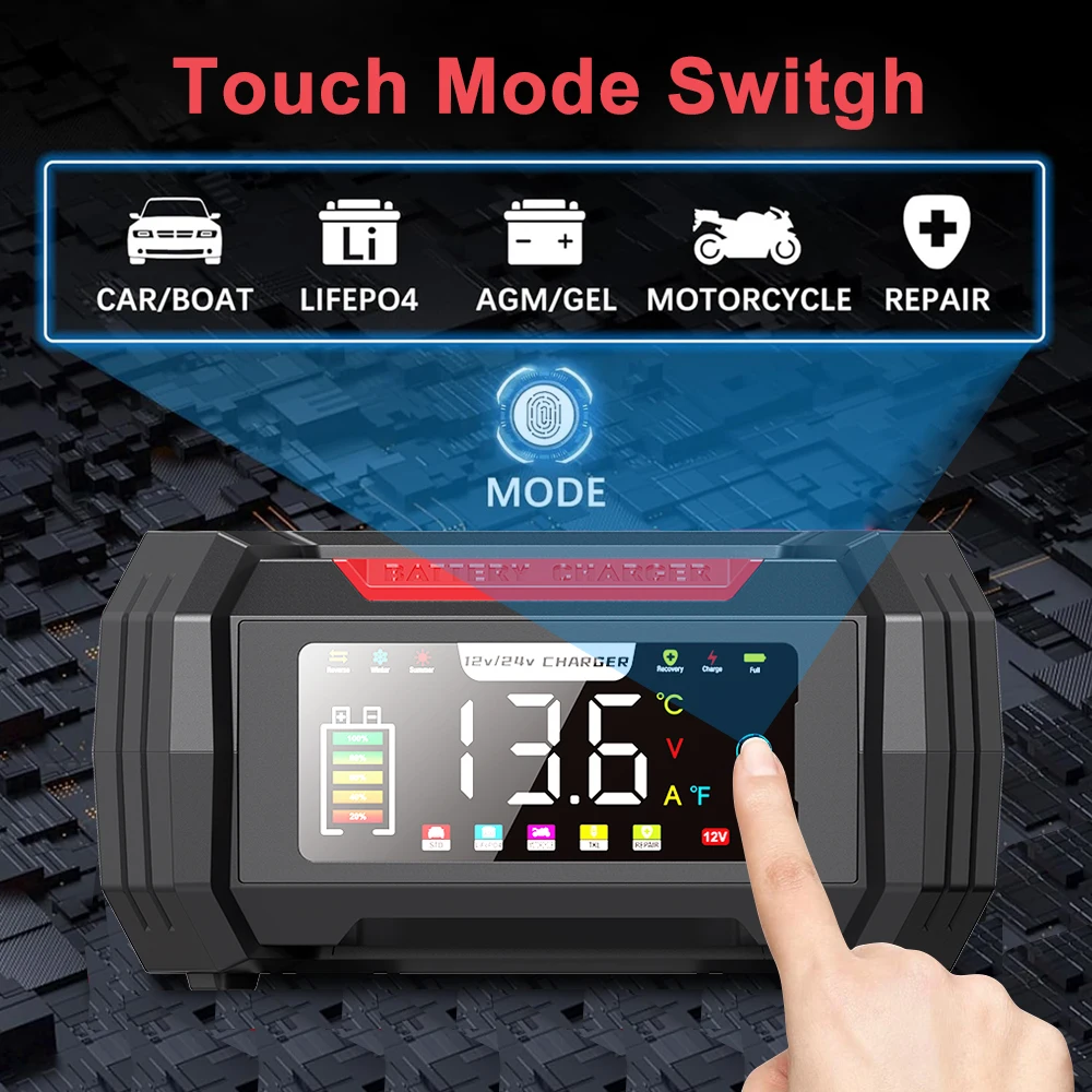 EAFC Fully Automatic Car Battery Charger 12V15A/24V8A Pulse Repair Charger Lead-acid LiFePO4 Battery Motorcycle Charging Device