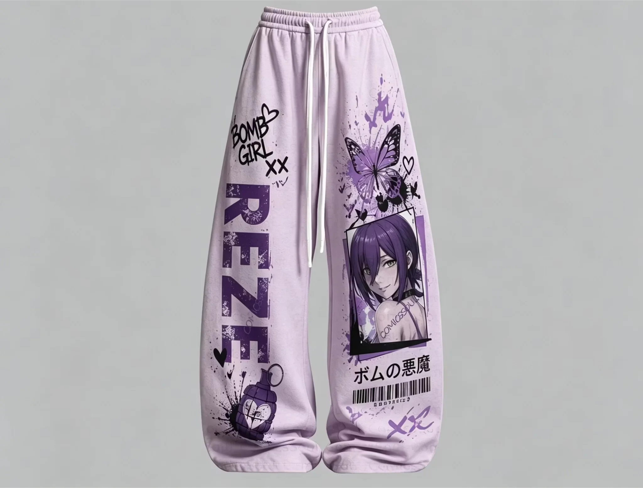 Pastel Purple Graffiti Butterfly Character Baggy Trousers, Light Silky Drawstring Pants for City Road Trip & Pop Comic Fans
