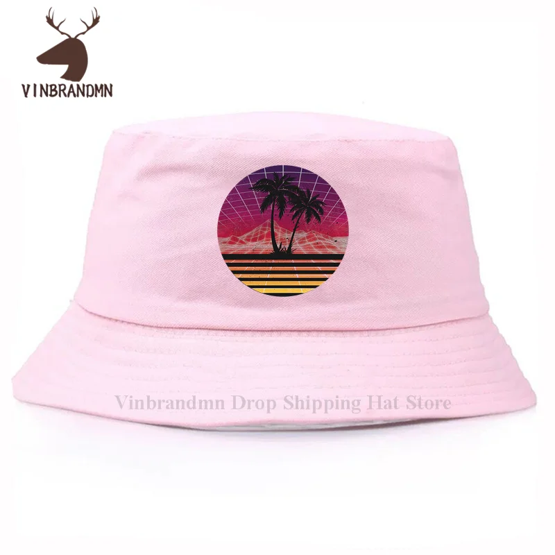 Retro 80s Outrun Sunset Palm baseball cap Silhouette - Original cool men women bucket hat casual summer 100% cotton fishing hats