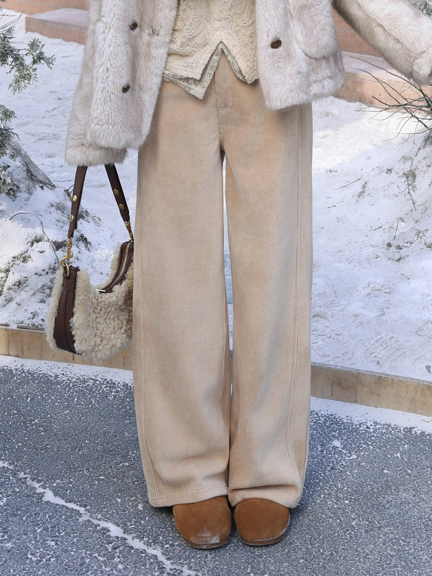 

Fce Lined Corduroy Straight Leg Pants Women's Casual Trousers Warm Comfortable Slimming High Waist Zipper Closure Cotton B...