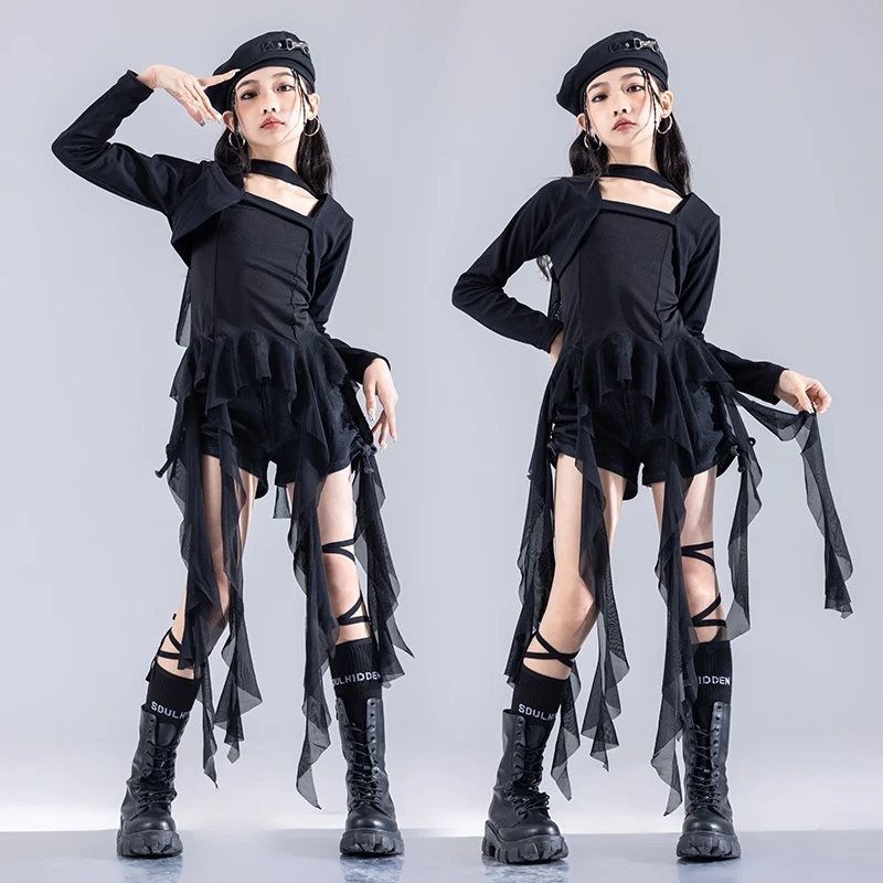 Girls Streetwear Jazz Clothing Children Kpop Stage Outfit Urban Kids Wear Model Fashion Show Clothes Hip Hop Tops Shorts Black