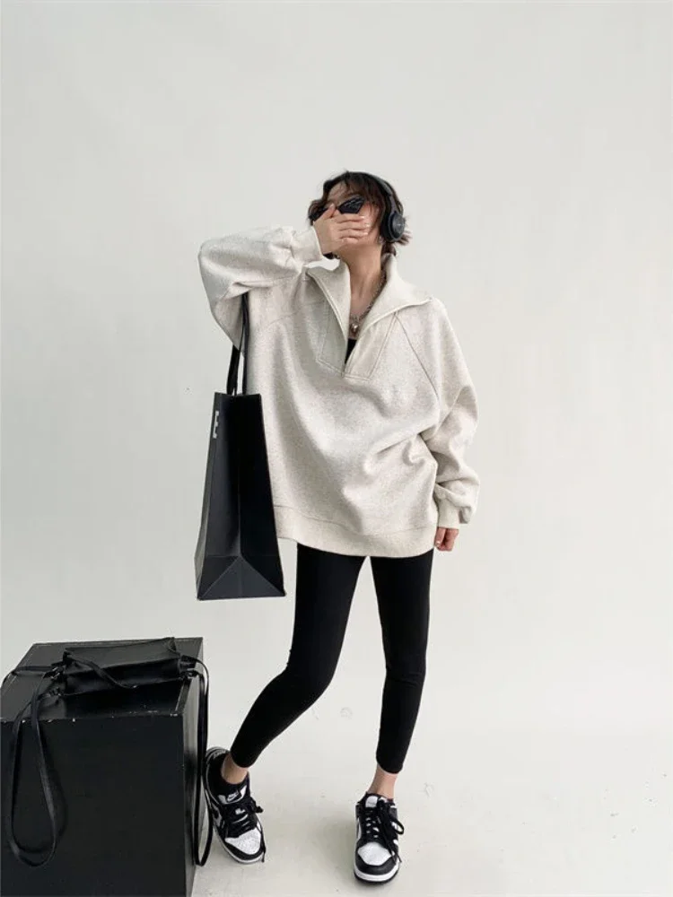 With Zipper Sweatshirt for Women Loose Pullover Off-white Woman Tops Full Zip Up Baggy Xxl Youthful Clothes Y2k Vintage Designer
