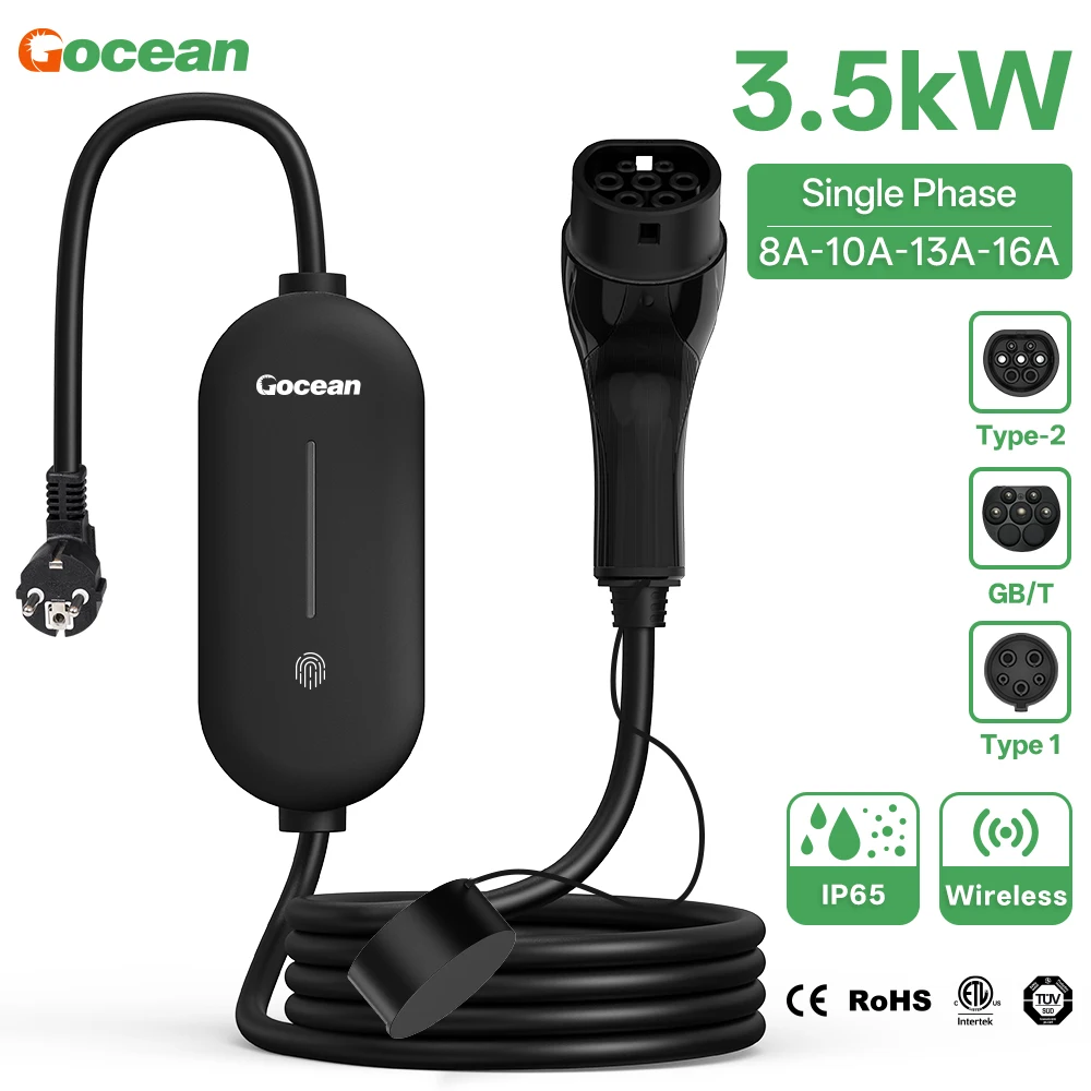 

Gocean 3.5KW Portable EV Charger Type2 / Type1 / GB/T 8-16A Adjustable Current Electric Vehicle Charging With TÜV Certification