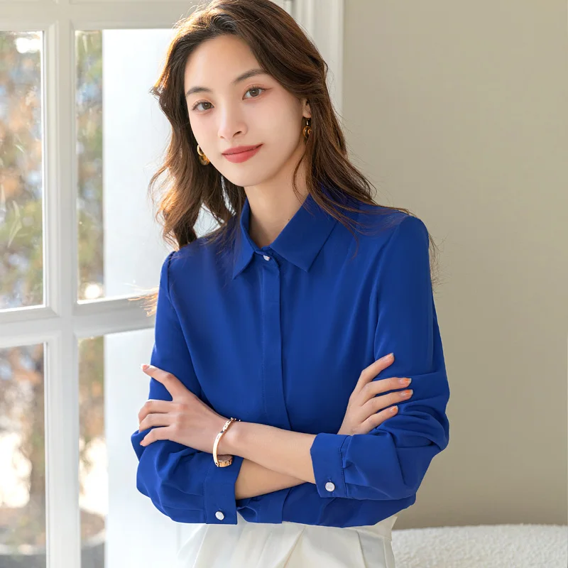 Korean Fashion Trend Versatile Solid Chiffon Shirt Women'S 2023 Summer New Loose Top Lapel Thin Professional Long Sleeve