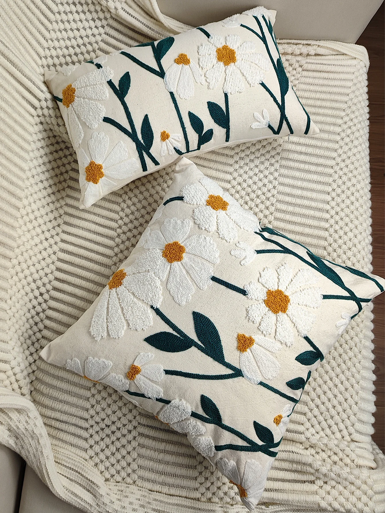 1pc Daisy Floral Embroidery Pillowcase Sofa Living Room Cushion Cover Home Decorative Item without Inner Pillow