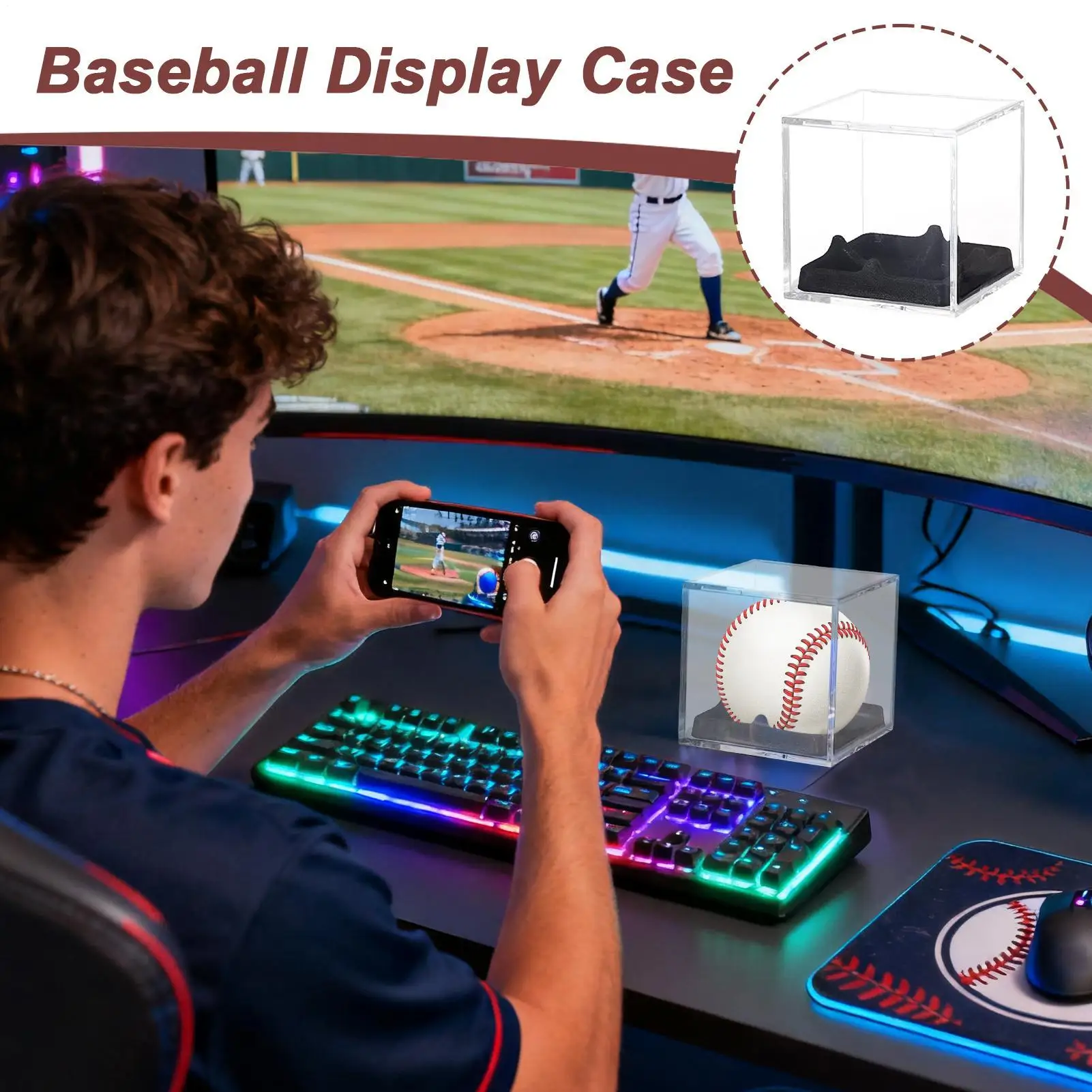 حافظة بيسبول مع قاعدة مخملية من الأكريليك المقاوم للغبار، حافظة عرض صندوق بيسبول للرياضة المنزلية، استوديوهات الفريق الموقعة #2