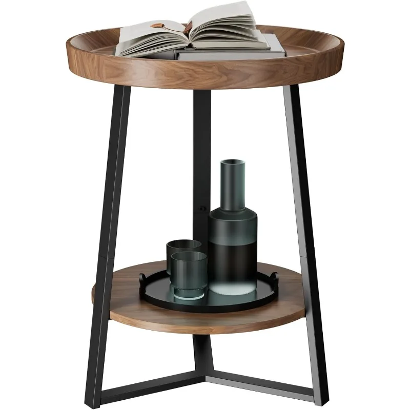 

Round End Table with Storage Shelf, 2 Tier Farmhouse Side Table Nightstand for Living Room, Bedroom, Wood Tabletop