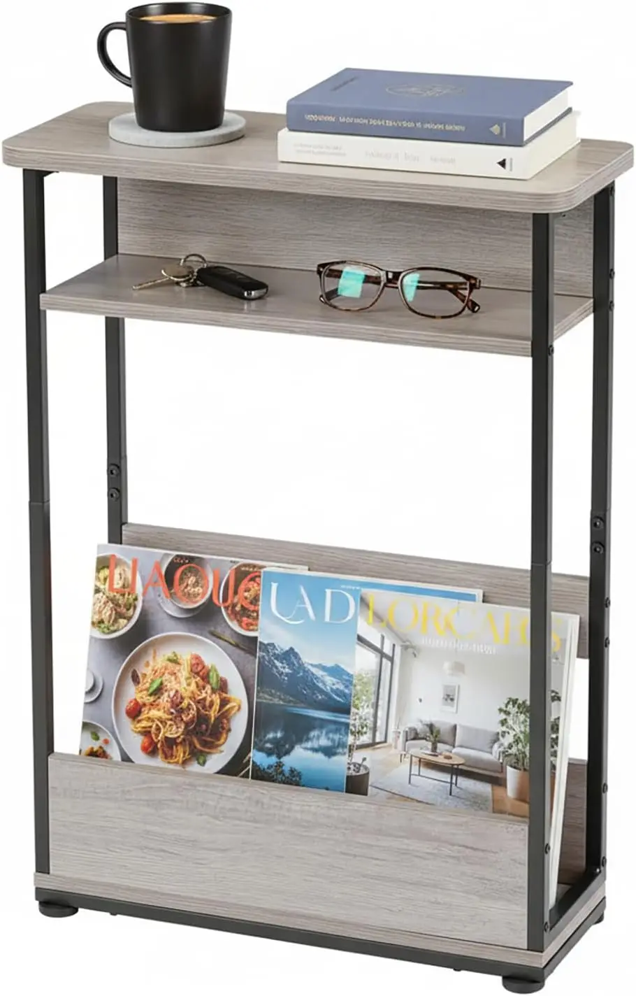 

Narrow Side Table with Storage Shelf, Modern Slim End Table for Small Spaces, Oak Finish