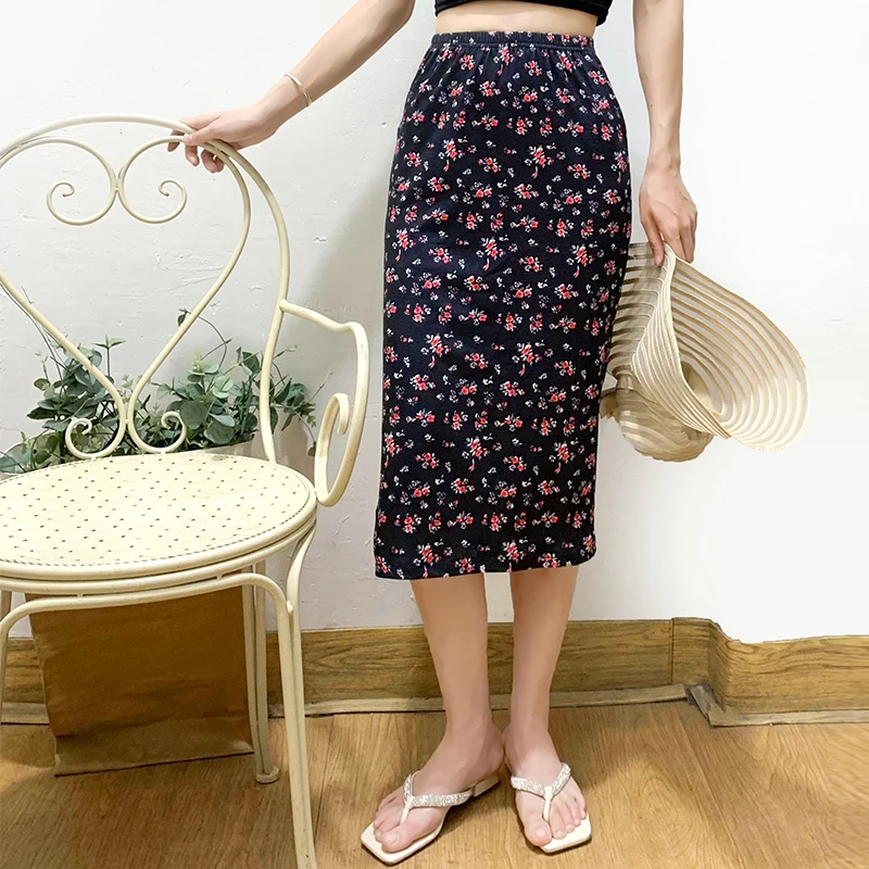 

Comfortable Soft Floral Midi Skirt Women's Summer High Waist Bodycon Dr Single Ele Romantic Split f-length Skirt