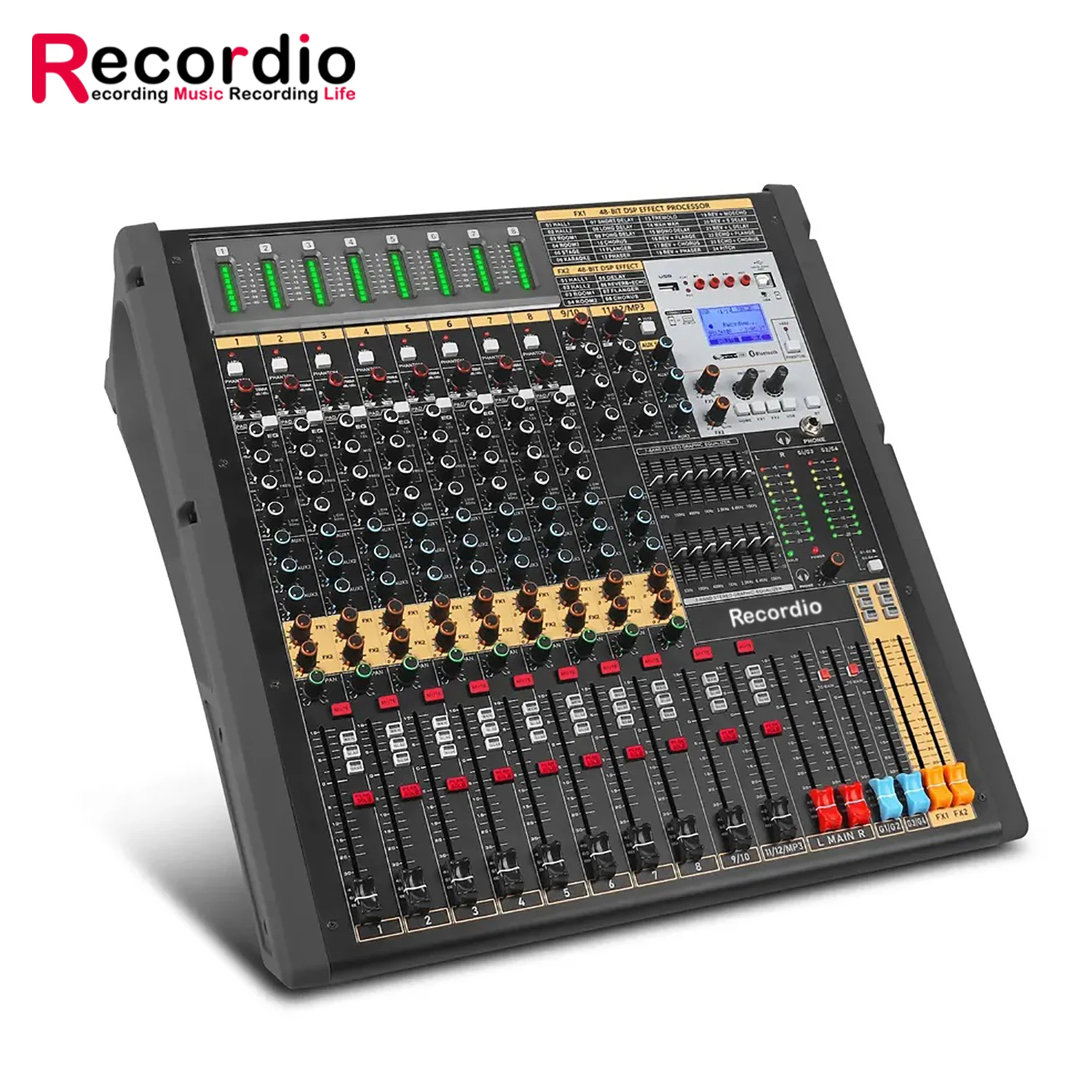 

GAX-TFB12 OEM 12 Channel Audio Mixer 2 Stereo 4 Group Outputs Aux Soundcard 7 Band EQ 100mm Fader Mixing Console